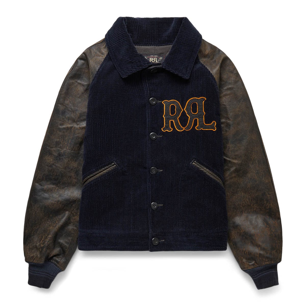 FARWELL CORDUROY VARSITY JACKET BLK/DEEP NVY | Bodega