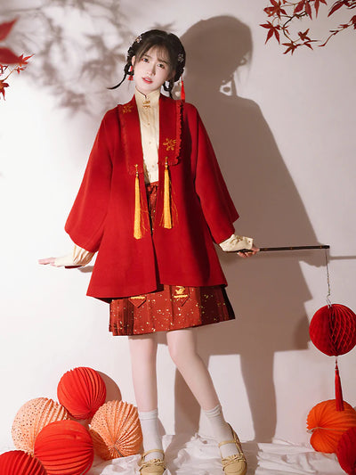 Firework Rhymes Hanfu Wool Coat, Blouse & Pleated Skirt-ntbhshop