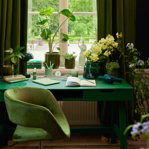 Desk & plants with a garden view