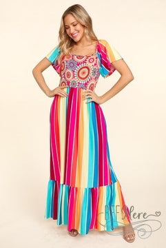Mandala Sunrise: Cheerful Bohemian Striped Maxi Dress