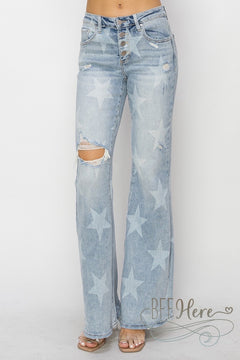 Starry Flare: Distressed Denim Jeans by Risen Jeans