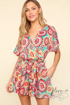 PREORDER: Sunset Mosaic: Vibrant Print Wrap Romper (Ships End of May)
