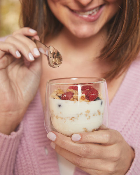 portion control glass with cottage cheese granola and fruits