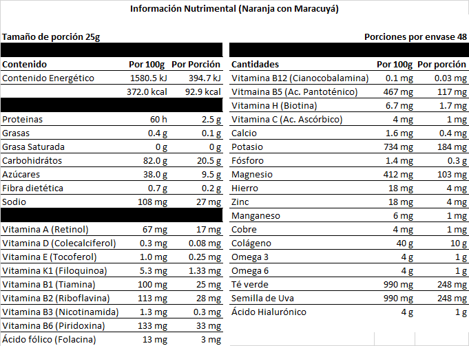 Información Nutrimental Colágeno Hidrolizado Vsouls Sabor Naranja Con Maracuyá