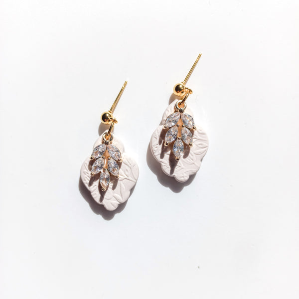 Bridal bloom - Small petal earring with stainless steel gold ball stud and 14k gold plated Cubic Zirconia leaf pendant