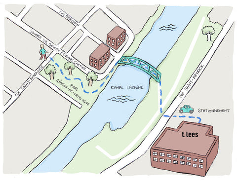 Hand-drawn map of the T. Lees workshop location.