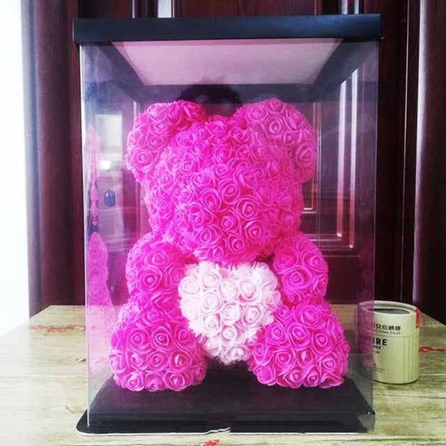 purple rose bear with box