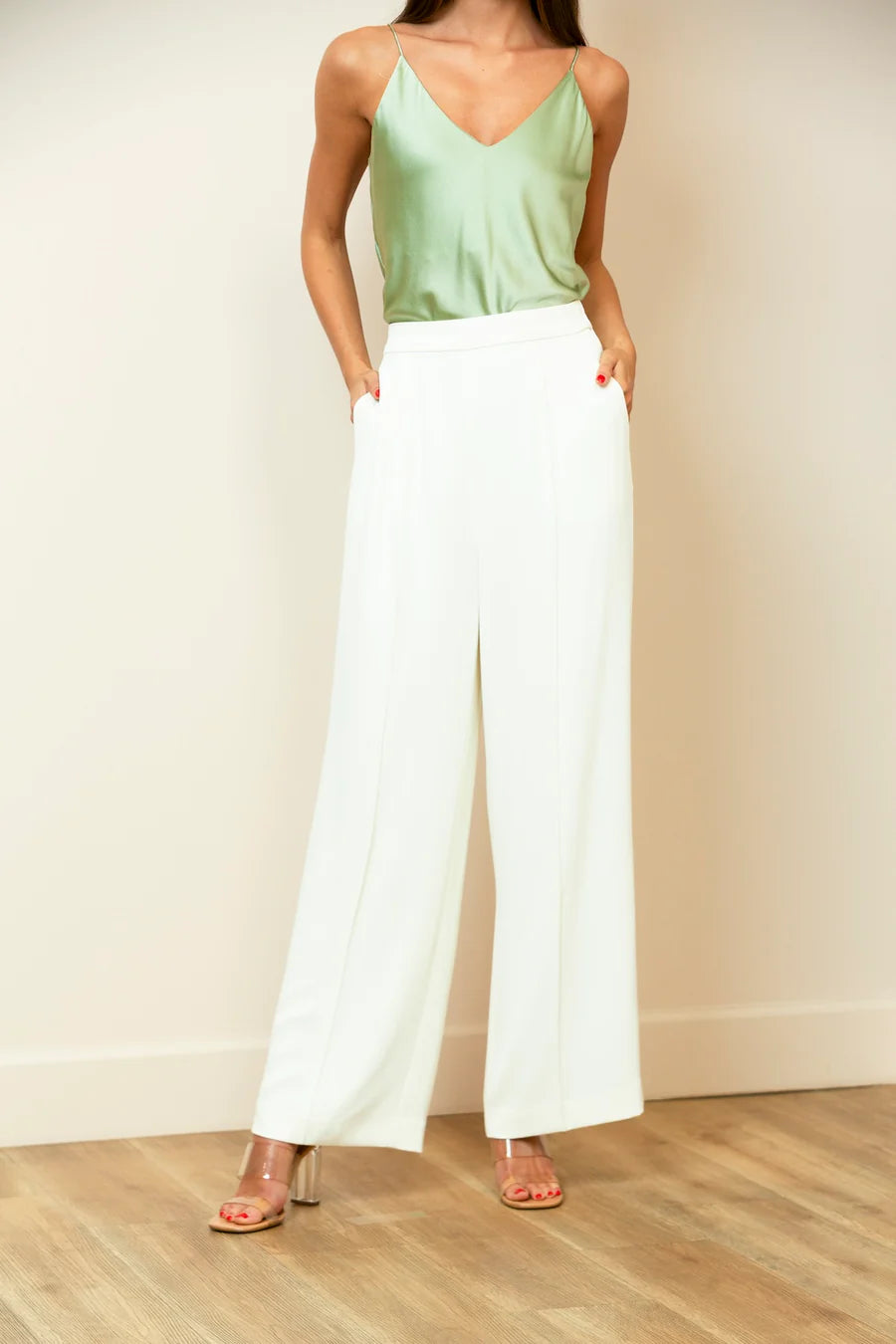 Pintuck Wide-Leg Pants with Elastic on the Back Waist In Ivory by Jessie Liu