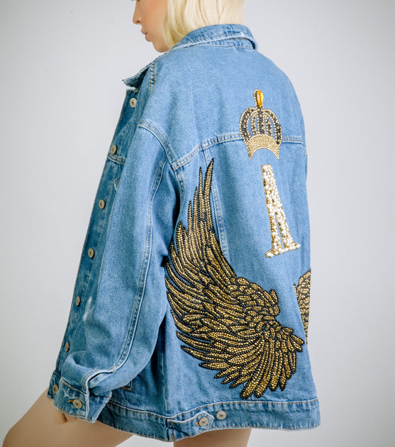 Oversized Denim Jacket, Vintage Jacket, Crown, Angel Wings – Americano ...
