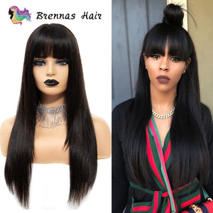 Straight Lace Frontal Wig With Bangs Brazilian Human Hair Glueless