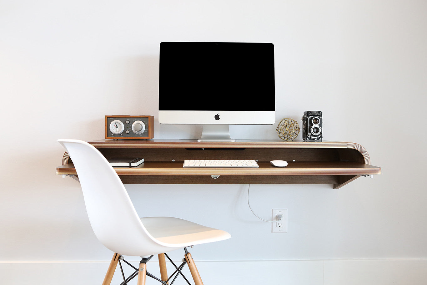 Minimal Wall Desk Walnut Large Pull Out Shelf Ideal For