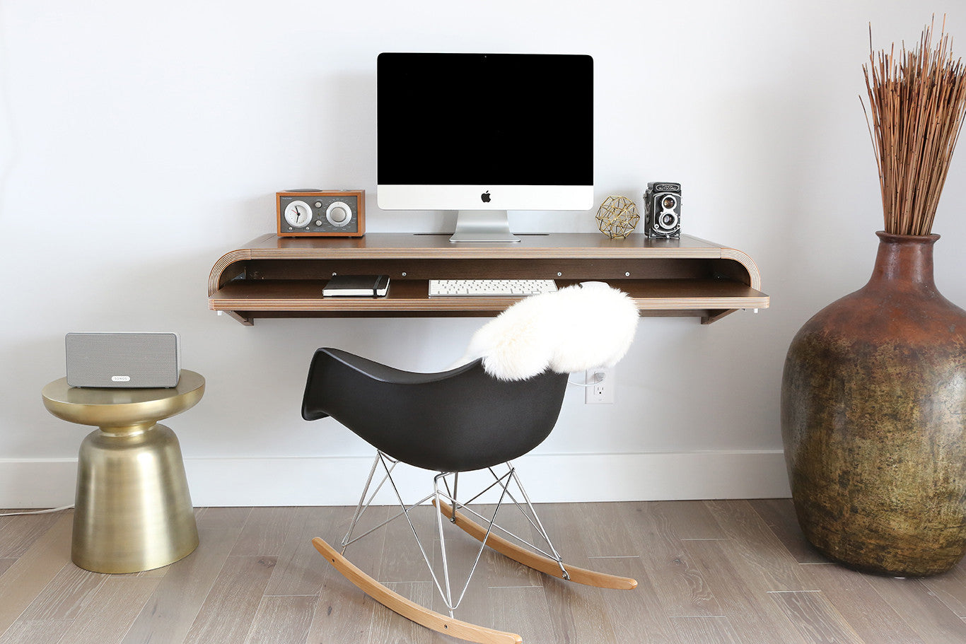 Minimal Wall Desk Walnut Large Pull Out Shelf Ideal For