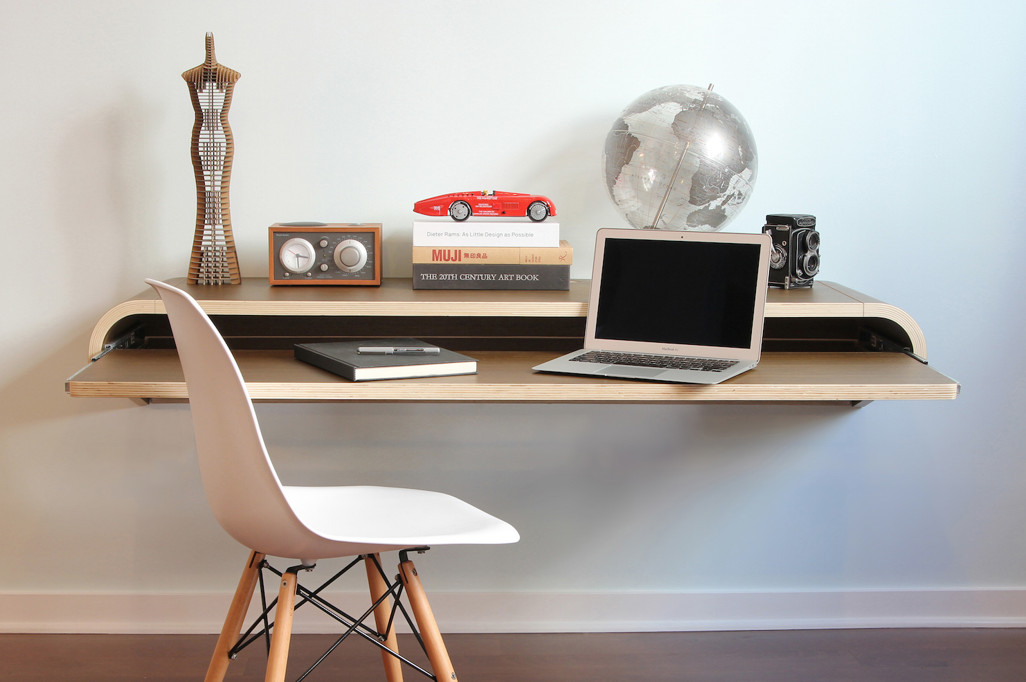 Minimal Wall Desk Walnut Large Pull Out Shelf Ideal For