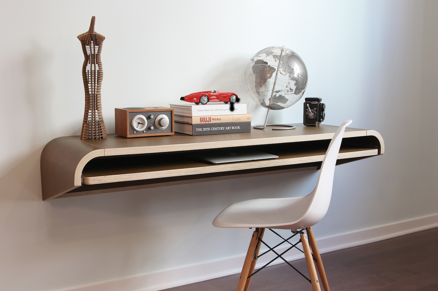 Minimal Wall Desk Walnut Large Pull Out Shelf Ideal For