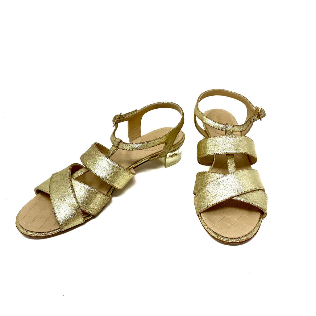 Chanel Gold Metallic Strappy Sandals Lucite Heels G30585 Size 42 –  Jewelsunderthesea