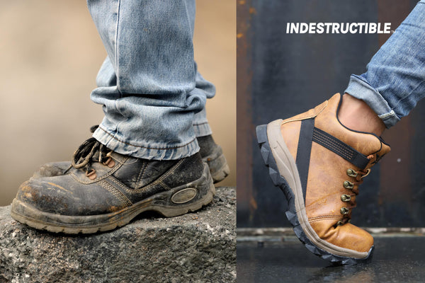 Visual comparison between traditional heavy, bulky work boots and lightweight, protective Indestructible Shoes.