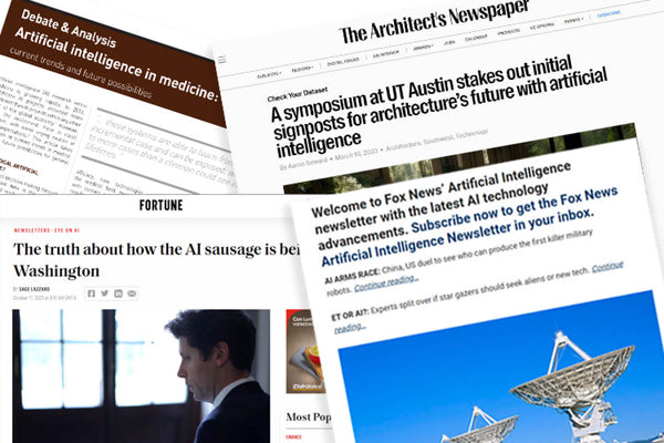 Put together newspaper headlines about AI with real-world images of diverse professions.