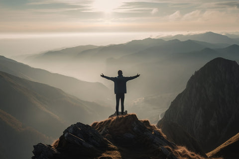 Hiker reaching the summit of a mountain, embodying the enhancement of self-esteem and confidence gained from overcoming hiking challenges, with breathtaking panoramic views in the background.