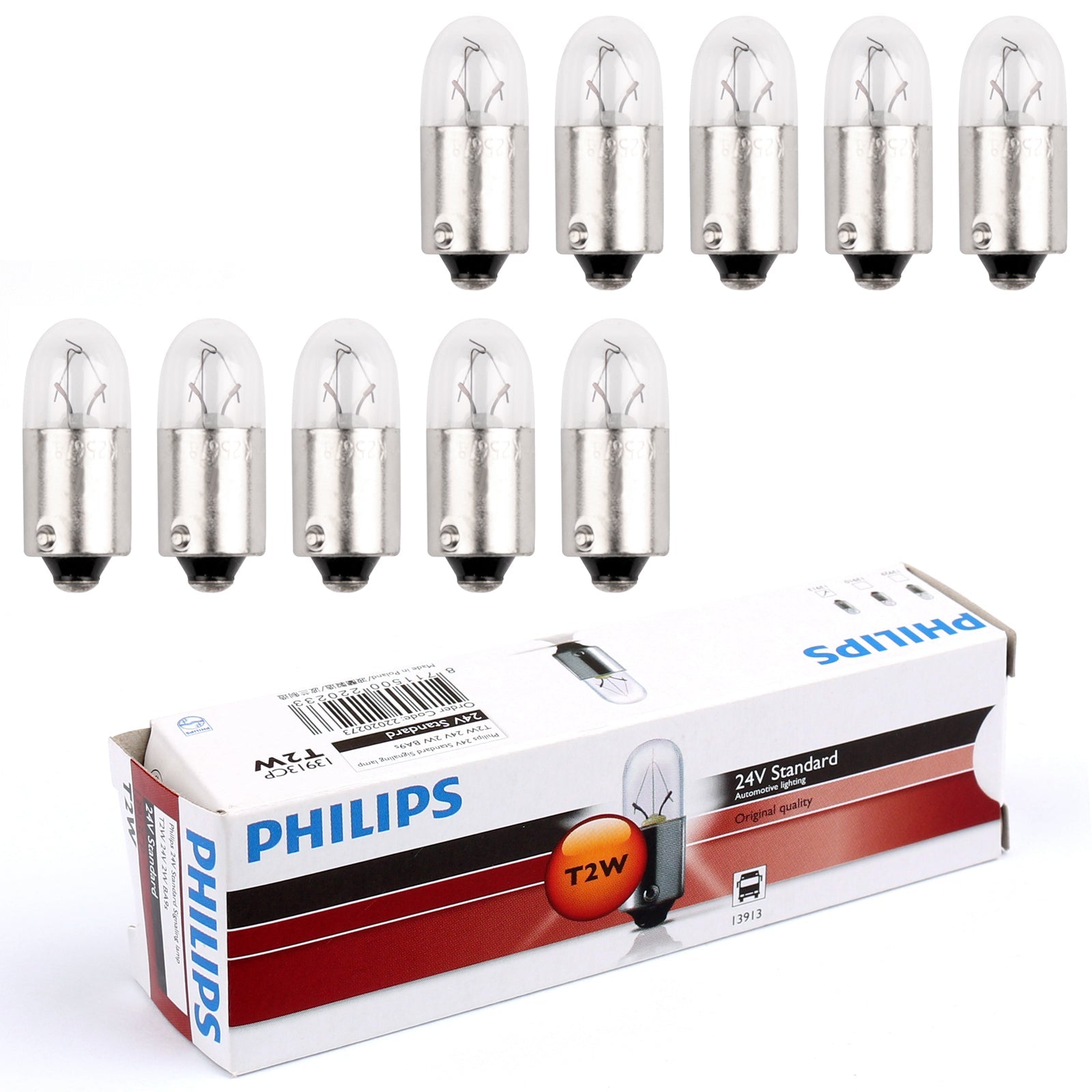 10pcs PHILIPS 13913 24V2W T2W BA9s 3200K Standard Signaling Lamp Bulbs Generic