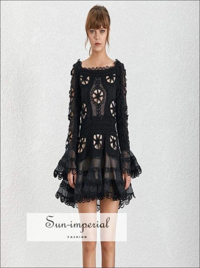 Sun-imperial - blossom dress - floral dress lace slash neck flare