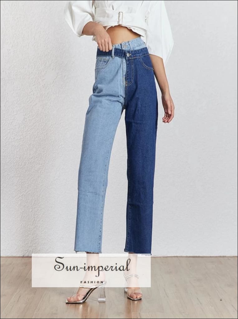 two tone jean pants light and dark blue 