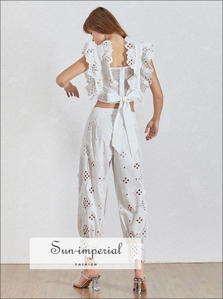 white lace two piece pants set