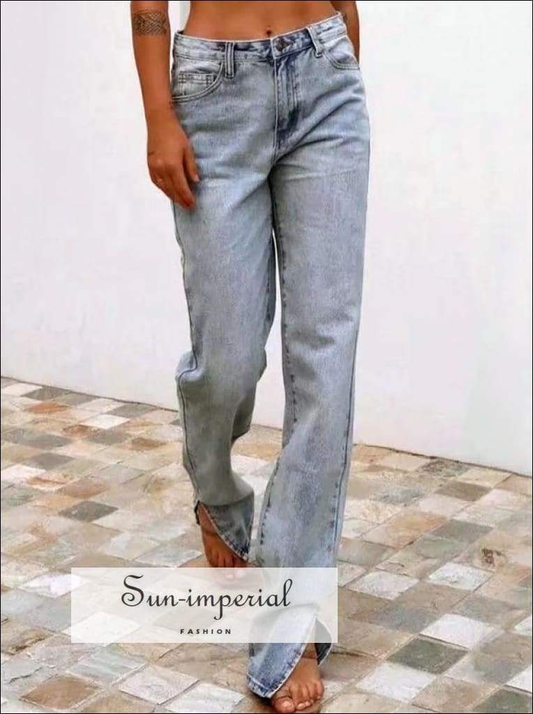 Women Mid Blue High Waisted Straight Leg Jeans with side Split Relaxed Fit  Denim Pants