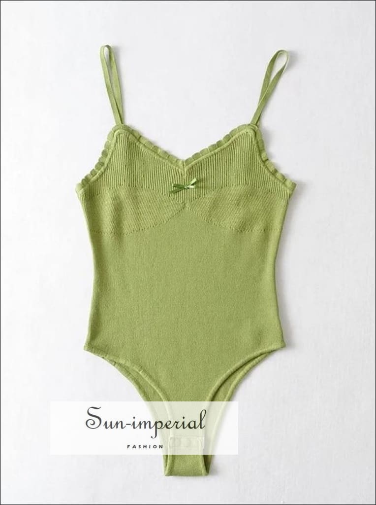 Sun-imperial - women green corset design knit bodysuit with ribbon bowknot  – Sun-Imperial