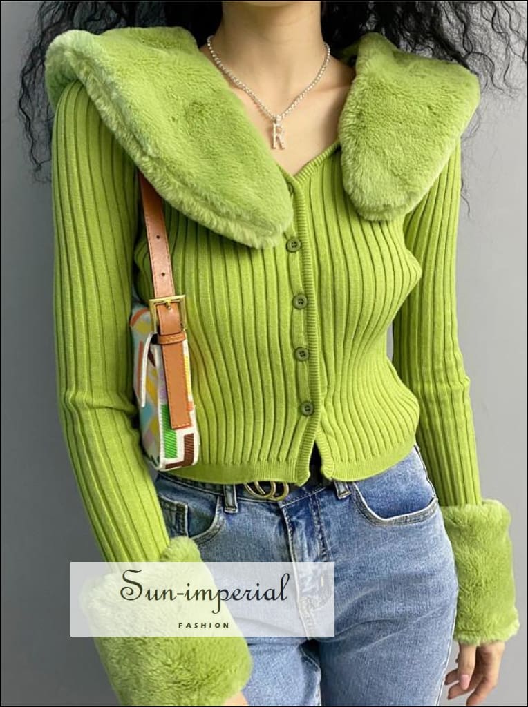 Women Fur Collar Cardigan Sweater Fluffy Long Sleeve Knitted Chic Sweater  Coat Ribbed Crop Tops Faux Fur Trim Collar Cuffs at  Women’s Clothing