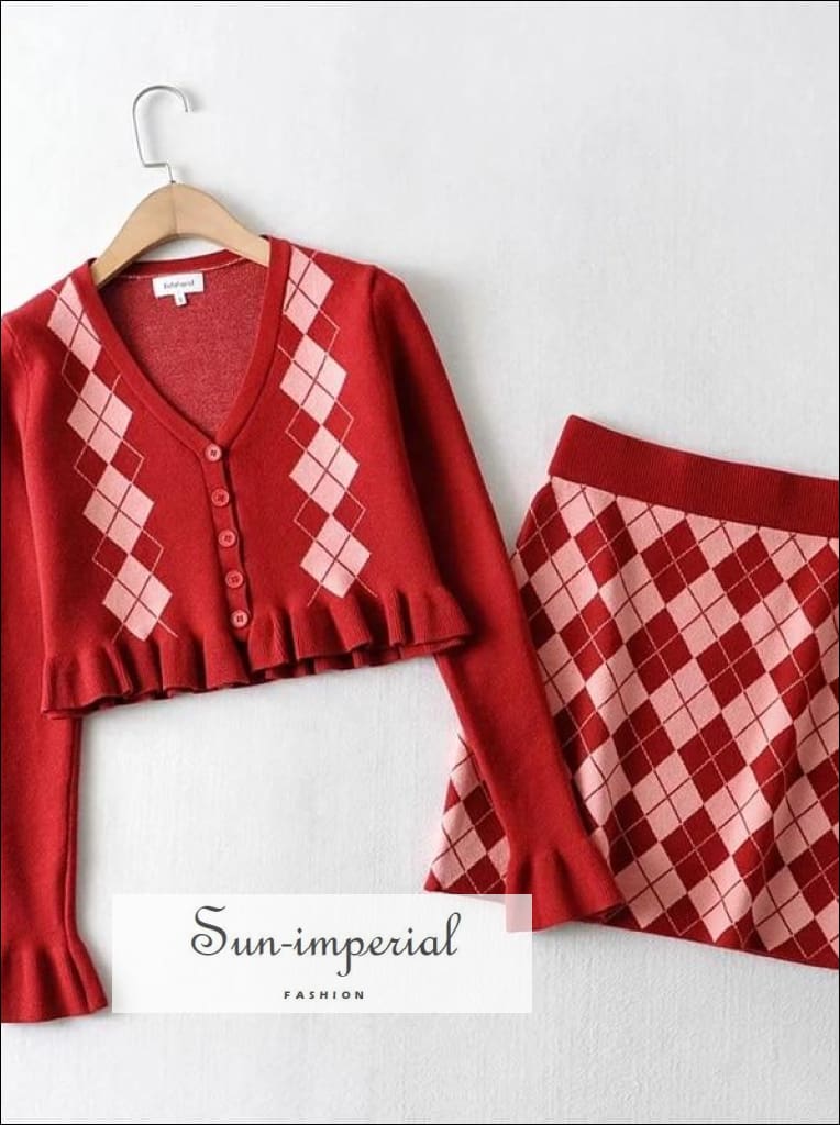 Sun-imperial - women plaid red button front argyle cropped knit