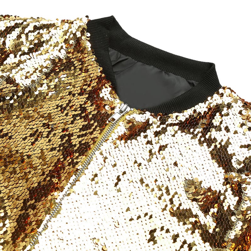 Women Sequins Coat Bomber Jacket Long Sleeve Zipper Streetwear Loose Glitter