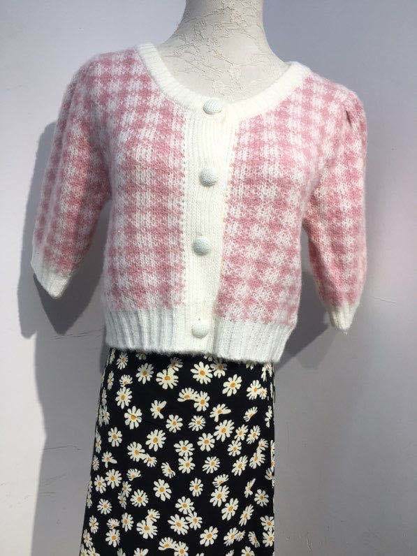 Women Wool Pink Plaid Knitted Cardigan Single Breasted V-neck Short Puff Sleeve Sweater