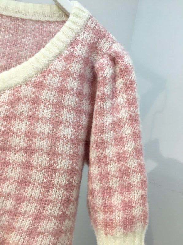 Women Wool Pink Plaid Knitted Cardigan Single Breasted V-neck Short Puff Sleeve Sweater