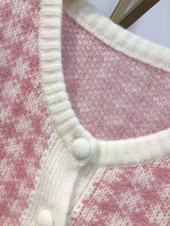 Women Wool Pink Plaid Knitted Cardigan Single Breasted V-neck Short Puff Sleeve Sweater