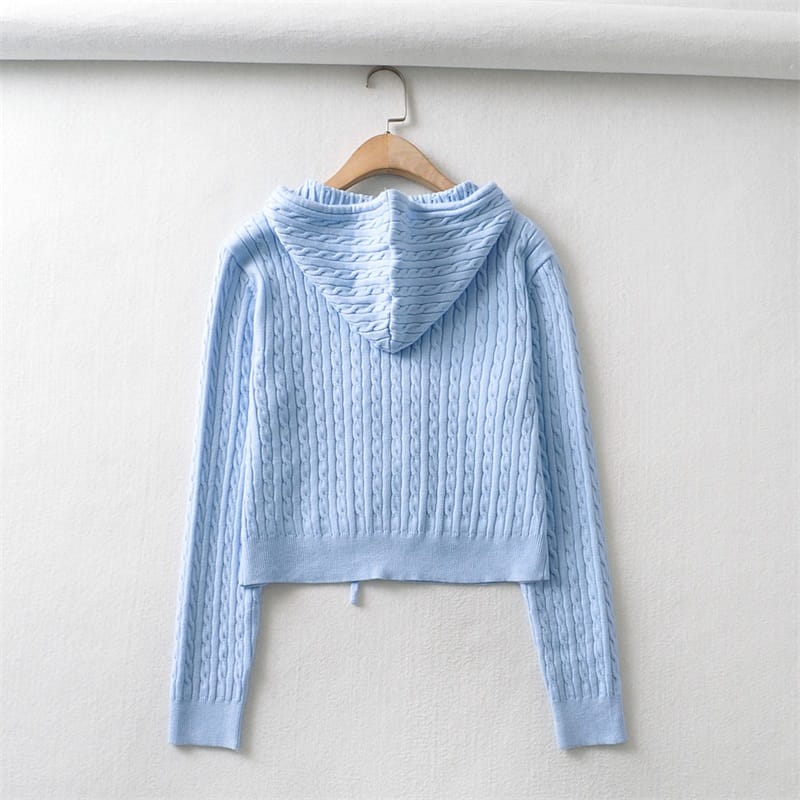 Women Blue Zipped Cropped Hoodie Knit Cardigan with front and side Pockets