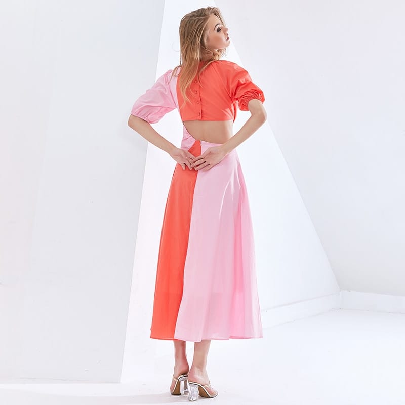 Women Two Tone Pink Cut out Puff Mid Sleeve High Neck Ruched Midi Dress A-line Flared Elegan Color