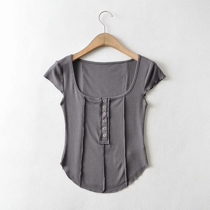 Women Light Grey Scoop Neck Buttoned Short Cap Sleeve Curve Hem Fitted top with Seam detail T-shirt