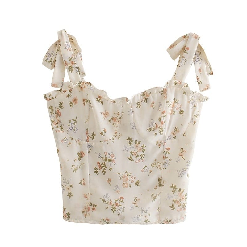 Women White Floral Cami Strap top with Center Bow and Ruched Bodice detail Tank