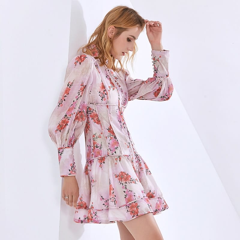 White A-line Long Sleeve Elegant Blue Pink Floral Print Mini Dress with Stand Collar detail