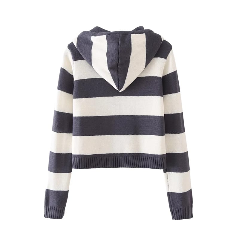 Women Blue and White Striped Knit Hoodie Cardigan with Zip