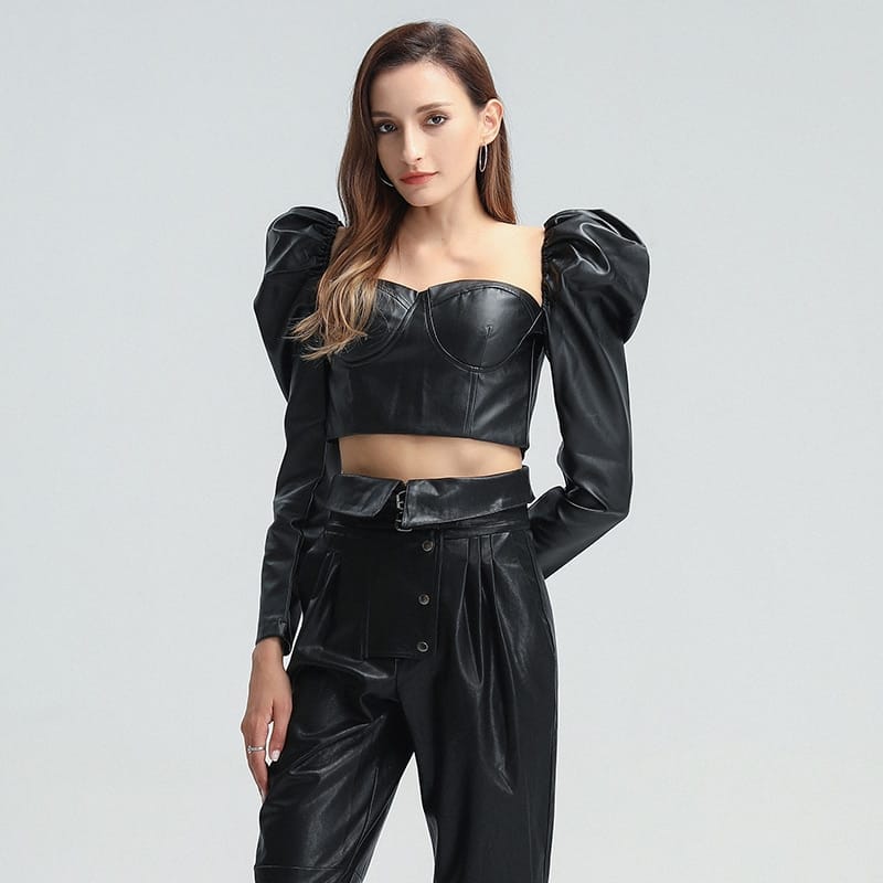 Women Black Leather Corset Style top with Long Puff Sleeve Blouse