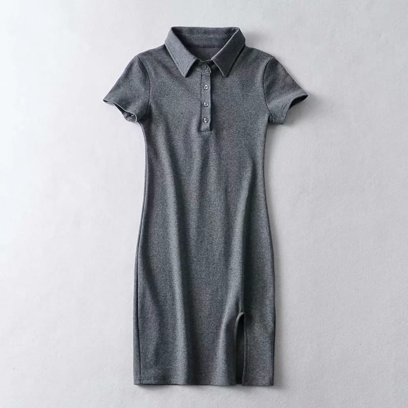 Women Blue Short Sleeve Polo Collar Bodycon Casual Ribbed Mini Dress with front Buttons and Split