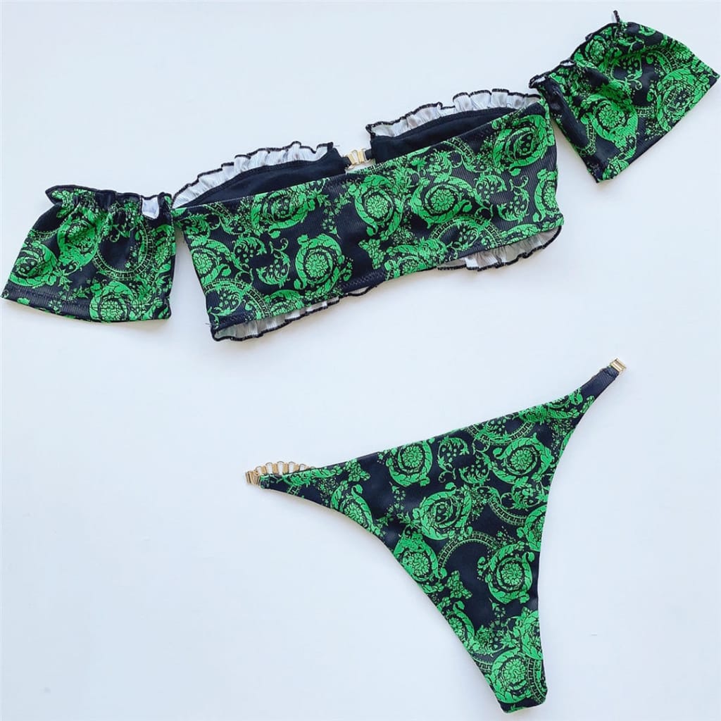 Women Green Tribal Print off Shoulder Ruffled Frilled Bikini Set with Rust Gold Chain Decor