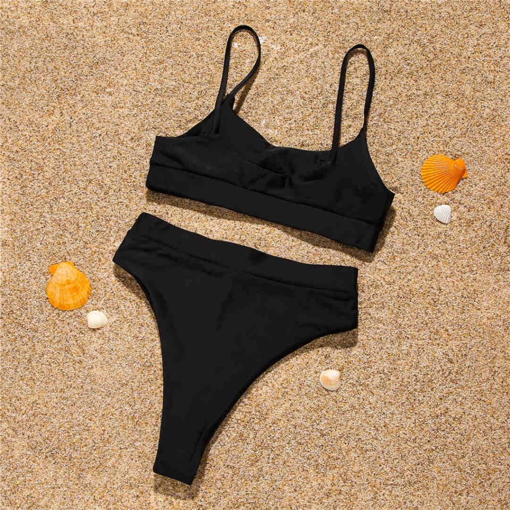 Women Black High Waist Bikini Tank Set with Sequin Rectangle detail