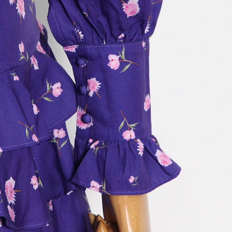 Women Purple Long Letran Sleeve Mini Dress with Pink Floral Print Turtleneck Ruffle Layers and back