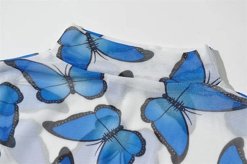 Women White High Neck Blue Butterfly Print Mesh Long Sleeve Bodysuit