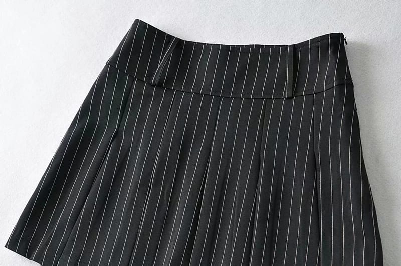 Women Black High Rise Pleated A-line Mini Skirt with White Stripes and Belt Loops detail