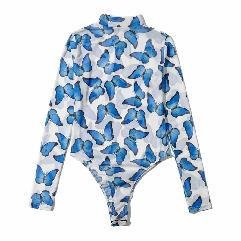 Women White High Neck Blue Butterfly Print Mesh Long Sleeve Bodysuit