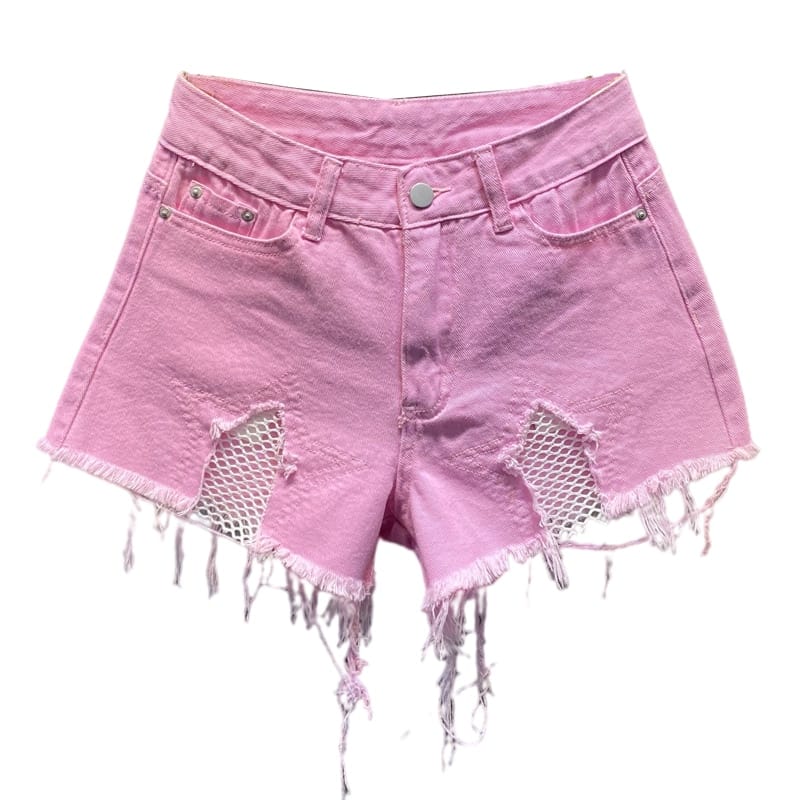 Women Pink High Waist Distressed Denim Jeans Shorts with Tassel Star Mesh detail