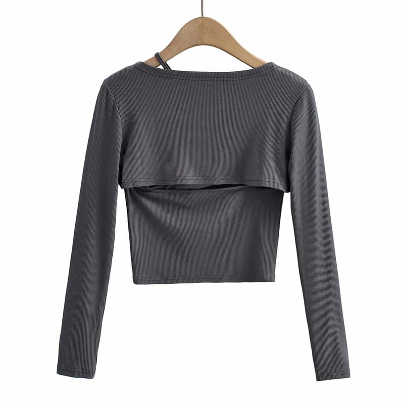 Women Black Long Sleeved top Square Neck Crop Tee with Asymmetrical Strap detail